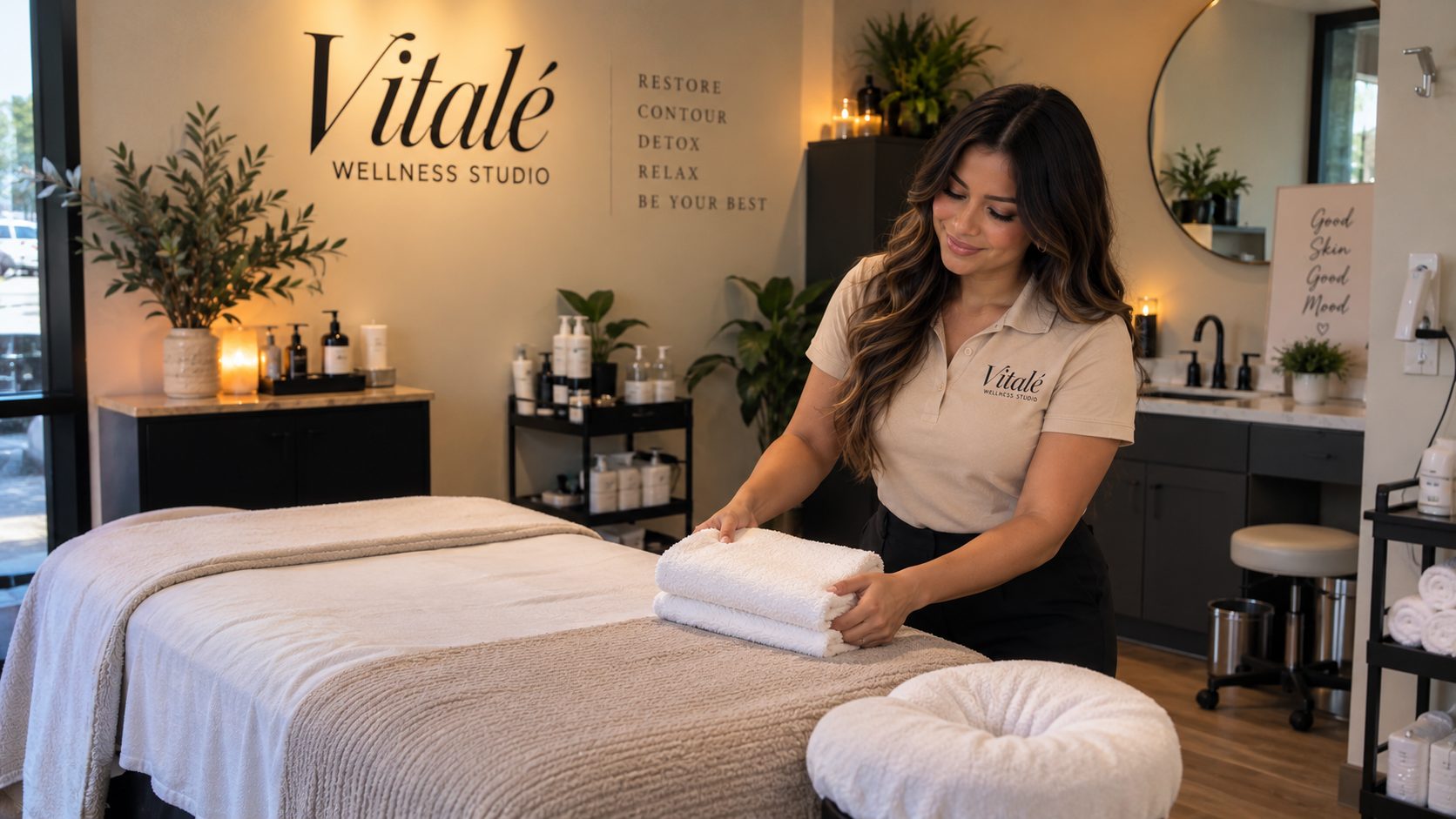 Vitalé practitioner preparing a warm, modern recovery treatment room